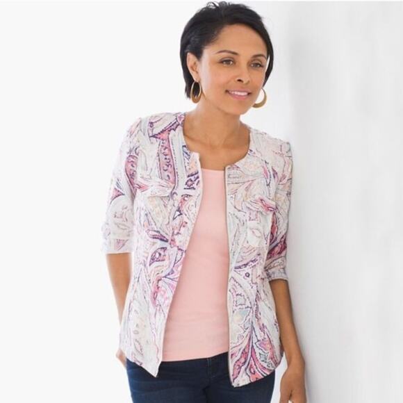Chicos 100% Linen Multi Paisley Print 3/4 Sleeve Full Zip Up Jacket size XL 3 - Picture 2 of 11